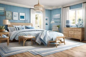 A coastal-inspired bedroom with a palette of blues and whites, light wooden furniture, and beach-themed decor for a tranquil vibe.