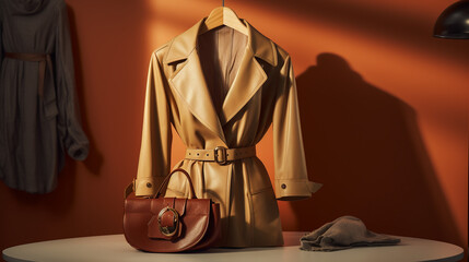 a stylish cream-colored leather raincoat hanging on a hanger above a table with a stylish ladies' handbag on the background of a hot orange wall