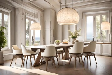 Fototapeta premium An inviting dining area with a white table, cream-colored chairs, and soft pendant lighting for an intimate and welcoming atmosphere.