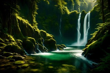 Sunlit waterfalls cascading down mossy cliffs amidst a backdrop of lush, verdant mountain ranges.