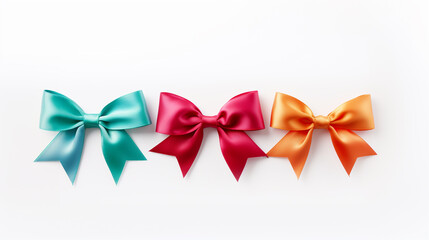 three perfectly beautiful bows of different colors on a perfectly white background