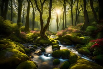 A tranquil, sun-dappled glade with a gentle stream meandering through a vibrant, blossoming forest. - obrazy, fototapety, plakaty