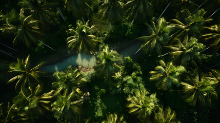 Aerial view of coconut palm trees in the rainforest at sunset