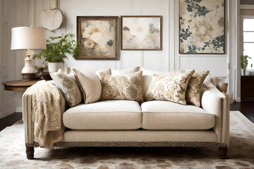 A cozy ivory loveseat adorned with patterned throw pillows.
