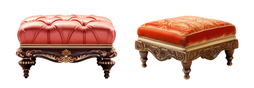 Luxurious Vintage Ottomans on Transparent Background Isolated - Antique Elegance, Opulent Upholstery, Classic Home Accents, Baroque Style, Ornate Furniture Design