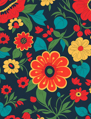 Fototapeta na wymiar Seamless pattern of colorful flowers on a dark blue background