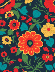 Seamless pattern of colorful flowers on a dark blue background