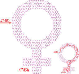 Labyrinth inside the shape of international female gender sign. Venus symbol maze with solution. Creative and original flat puzzle design. Vector illustration