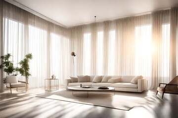 Naklejka na ściany i meble Sunlight streaming through sheer curtains, casting a warm glow on a sleek, white minimalist living room