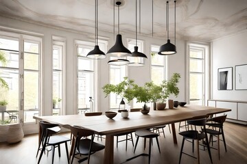 Elegant dining room with a long wooden table, mismatched chairs, and a cluster of pendant lights above