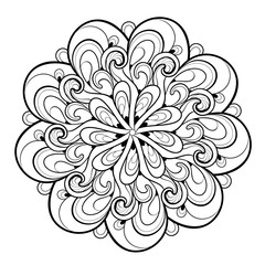 Decorative mandala with floral patterns and henna elements on a white isolated background. For coloring book pages.