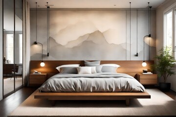 Tranquil bedroom with a platform bed, soft bedding, and wall-mounted sconces for bedside lighting 