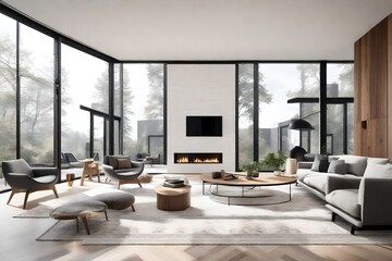Open-concept living space featuring a minimalist fireplace, floor-to-ceiling windows, and Scandinavian-inspired furniture