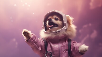 Canine Aspiring For The Stars In Astronaut Outfit Against Pastel Purple And Crimson Backdrop