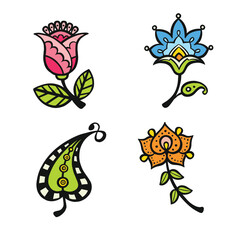 stylized set of ethnic bright flowers