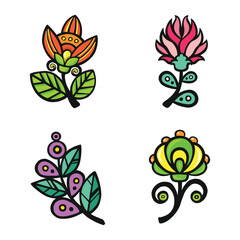 stylized set of ethnic bright flowers