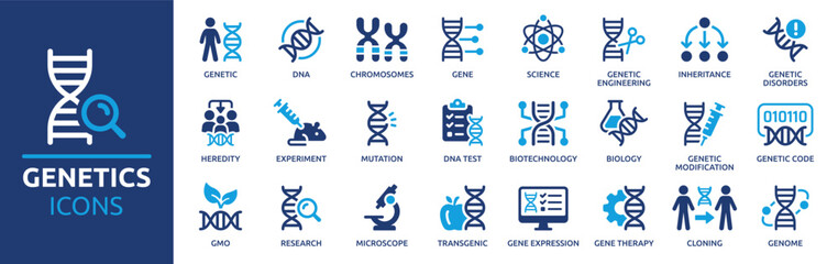 Genetics icon set. Containing DNA, gene, chromosomes, heredity, genome, genetic, biology, GMO and more. Vector solid icons collection. - obrazy, fototapety, plakaty