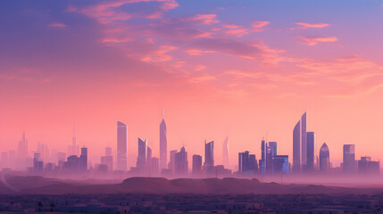 Panoramic view of Dubai city skyline at sunset, United Arab Emirates