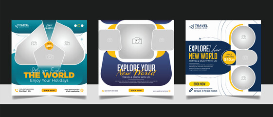 Travel tour promotion banner traveling business social media post or tourism marketing square flyer template