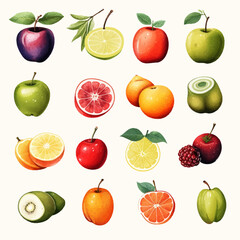 apple, fruit, food, isolated, green, red, set, pear, fresh, orange, white, fruits, healthy, collection, strawberry, diet, cherry, ripe, juicy, plum, peach, sweet, vector, banana, leaf