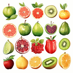 fruit, apple, orange, food, isolated, lemon, collection, set, strawberry, citrus, banana, pear, kiwi, fresh, white, cherry, fruits, peach, plum, green, healthy, pineapple, lime, grapefruit, red