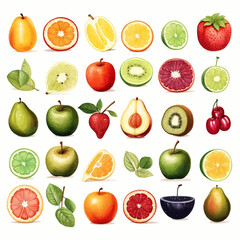 fruit, apple, food, pear, orange, strawberry, set, vector, collection, cherry, green, fresh, lemon, icon, plum, red, isolated, banana, peach, fruits, leaf, pineapple, vegetarian, illustration, juicy