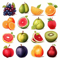 fruit, apple, food, isolated, pear, orange, strawberry, green, fresh, collection, fruits, red, set, peach, white, banana, healthy, mango, plum, ripe, pineapple, grape, cherry, kiwi, citrus