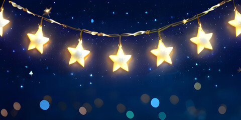 Golden star light chain hanging on dark night sky. Merry Christmas celebration holiday background banner. 