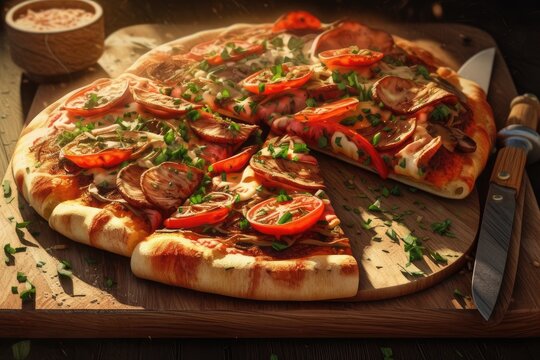 pizza with toppings on a wooden board on a black table, in the style of hdr, focus on jointsconnections