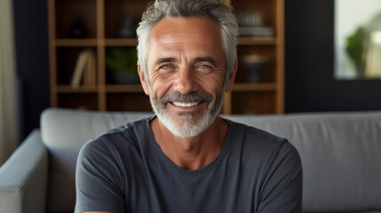 copy space, stockphoto, middle aged man sitting on sofa at home, single mature senior in living room. Happy man sitting. Carefree lifestyle. Aged man in good health. - obrazy, fototapety, plakaty