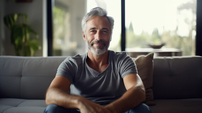 Copy Space, Stockphoto, Middle Aged Man Sitting On Sofa At Home, Single Mature Senior In Living Room. Happy Man Sitting. Carefree Lifestyle. Aged Man In Good Health.