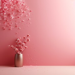 Happy Valentines! Cherry blossoms in front of of pink wall, minimalistic design, square frame.. Love celebration, birthday, banner, instagram post, greeting card