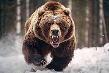A big brown bear runs in the snowy forest in winter, looking at the camera