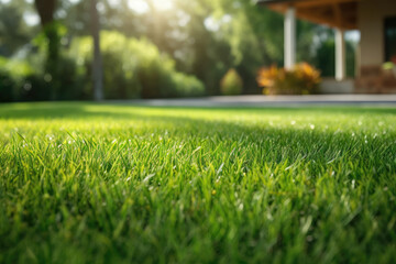 Beautiful green grass lawn closeup in the yard of a house - Powered by Adobe