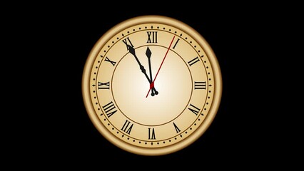 Animated countdown roman numeral wall clock leading to 00:00, 24:00, 12:00 midnight change of day. with transparent background (RGB + Alpha). - Powered by Adobe