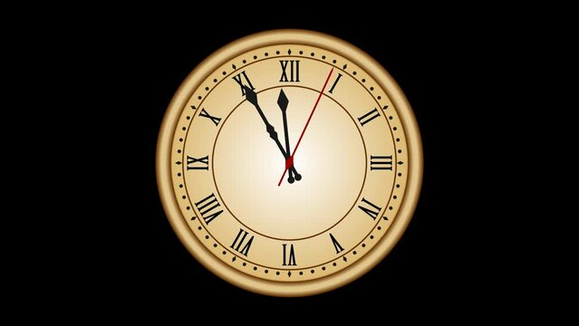 Animated countdown roman numeral wall clock leading to 00:00, 24:00, 12:00 midnight change of day. with transparent background (RGB + Alpha).