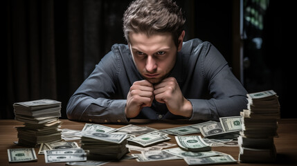 Obraz premium Man looks worriedly at banknotes on table, inflation, ai generative 