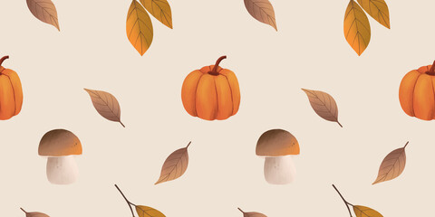 Autumn seamless pattern. Forest autumn pattern with leaves, mushroom and pumpkin.