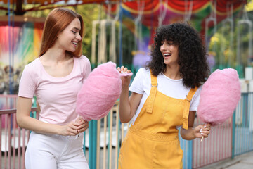 Happy friends with cotton candies spending time together at funfair