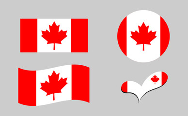 Flag of Canada. Canada flag in heart shape. Canada flag in circle shape. Country flag variations.