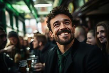 Portrait of a young man in green clothes with a beard, smiling, sitting in a pub with friends celebrating a traditional Irish holiday - St. Patrick's Day - obrazy, fototapety, plakaty