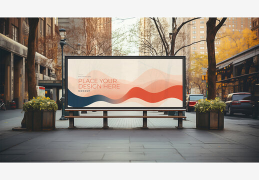 City Street Billboard Mockup Template with Large Screen, Bench, Potted Plants, Tall Buildings, Trees, Cars, and People Walking