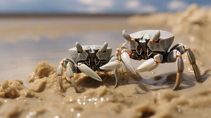 Fiddler crabs, Ghost crabs on mud beach. Generative AI - obrazy, fototapety, plakaty