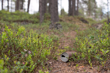 Rusty old tin can in nature by the path
