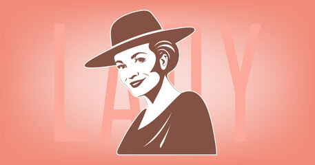 Vector logo. Graphic simple portrait of a lady in a wide-brimmed hat. Smiling woman.