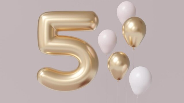 Golden number five, balloons and falling confetti on beige background. Symbol 5. Fifth birthday party, business anniversary, or event celebrating a fifth milestone. Pastel colors. 3D motion graphic.