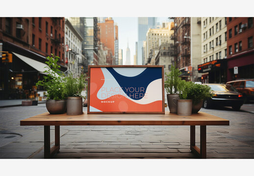 City Street Billboard Mockup Template with Wooden Table, White Board, Potted Plants, Street Sign, Buildings, Cars, and Road Sign
