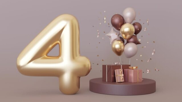 Golden number four, presents and balloons on brown background. Symbol 4. Fourth birthday party, business anniversary, or event celebrating a fourth milestone. Warm colors. 3D motion graphic.