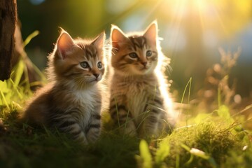Obraz premium cute striped kittens sitting on a green lawn, backlit. cats ai