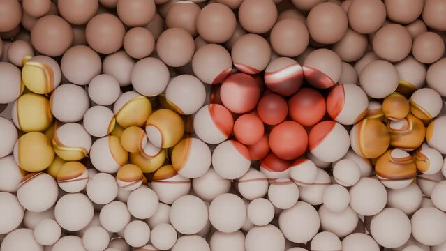 3d animation of a lot of falling balls with different textures. The balls line up and form a picture with the text LOVE. The text for Valentine's Day. Abstract holiday animation.